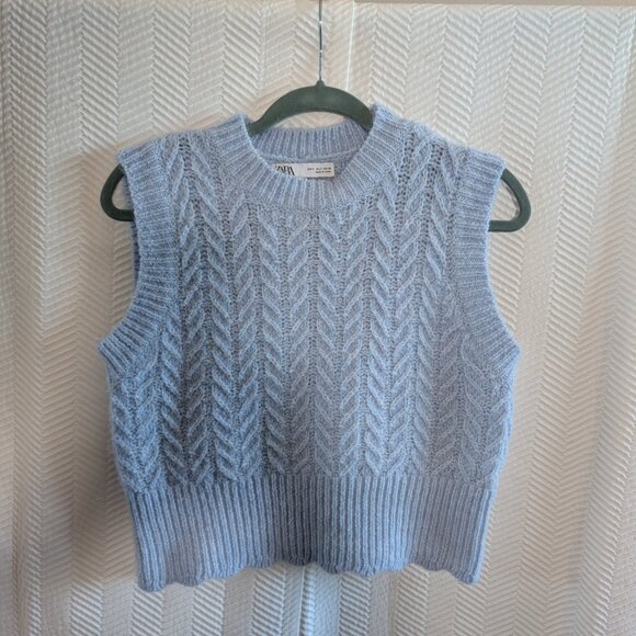 Zara Sweater Vest Light Blue Size Small Wool Blend Academia Preppy - Picture 9 of 11